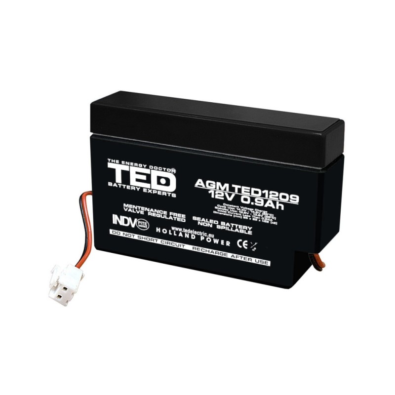 Acumulator AGM VRLA 12V 0,9A dimensiuni 96mm x 25mm x h 62mm cu fir TED Battery Expert Holland TED003058 (40)