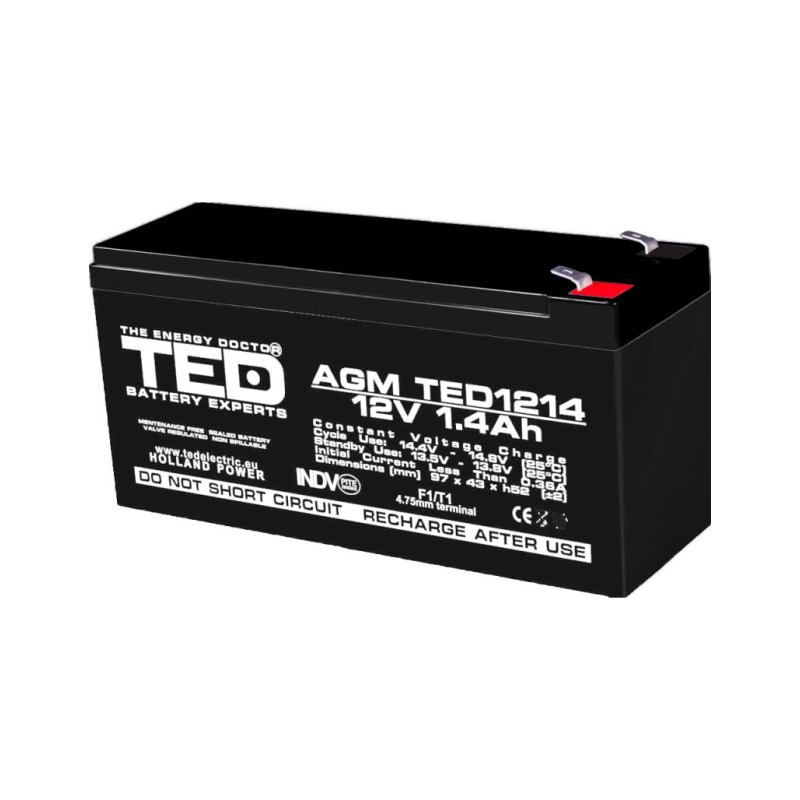 Acumulator AGM VRLA 12V 1,4A dimensiuni 97mm x 47mm x h 50mm F1 TED Battery Expert Holland TED002716 (20)