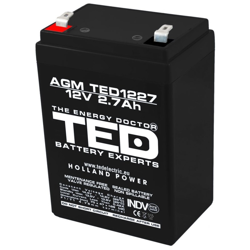 Acumulator AGM VRLA 12V 2,7A dimensiuni 70mm x 47mm x h 98mm F1 TED Battery Expert Holland TED003119 (20)
