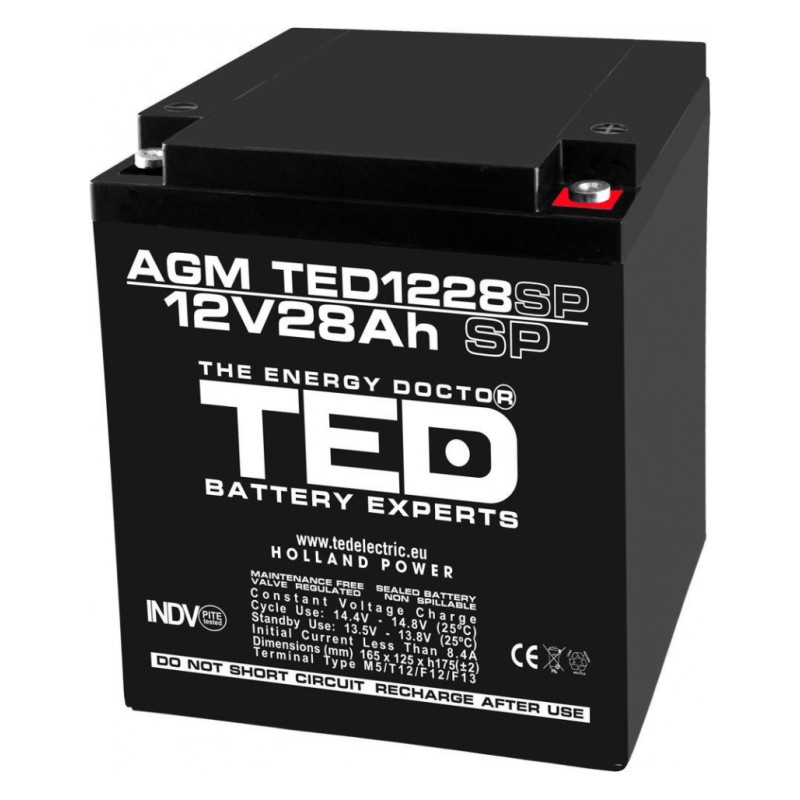 Acumulator AGM VRLA 12V 28A dimensiuni speciale 165mm x 125mm x h 175mm M6 TED Battery Expert Holland TED003430 (1)