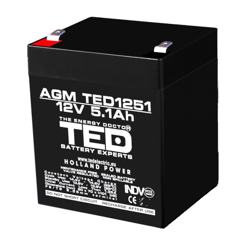 Acumulator AGM VRLA 12V 5,1A dimensiuni 90mm x 70mm x h 98mm F2 TED Battery Expert Holland TED003157 (10)