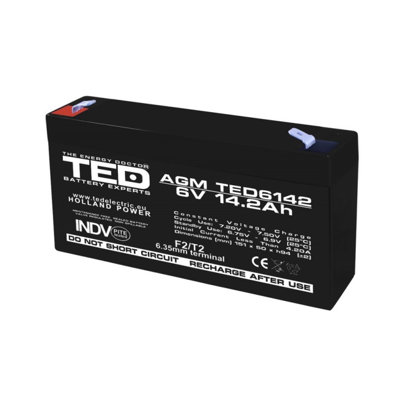 Acumulator AGM VRLA 6V 14,2A dimensiuni 151mm x 50mm x h 95mm F2 TED Battery Expert Holland TED003034 (10)