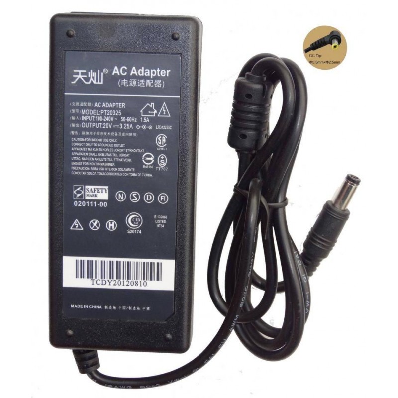 Alimentator laptop LENOVO 20V/3,25A, standard conector 2,5x5,5x12 mm PT-20325